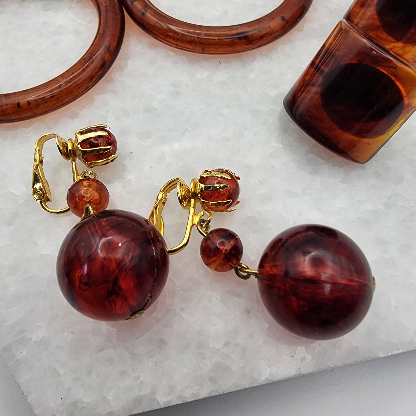 3 Pairs of Vintage Amber Lucite Earrings