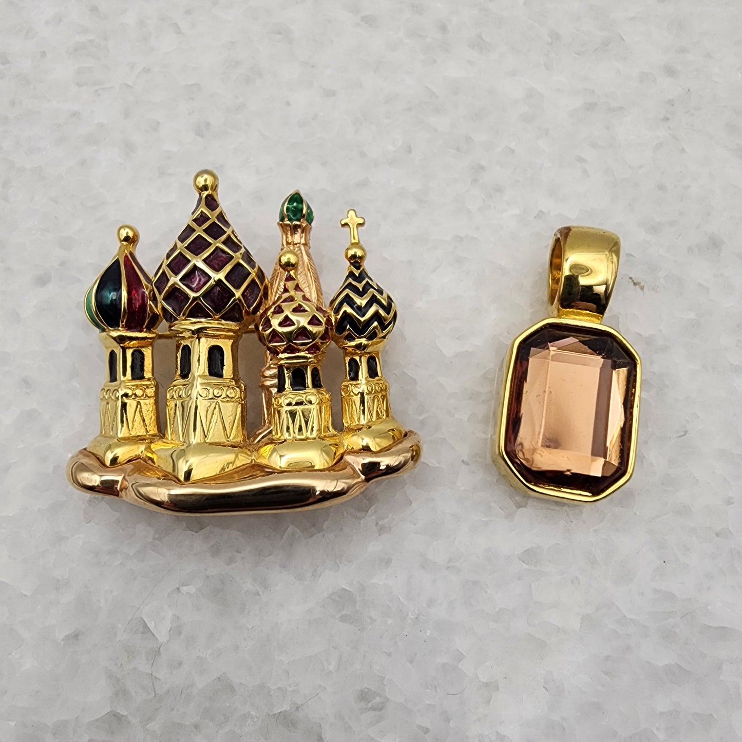 Pair of Joan Rivers Jewelry Russian Cathedral Brooch Faux Topaz Pendant