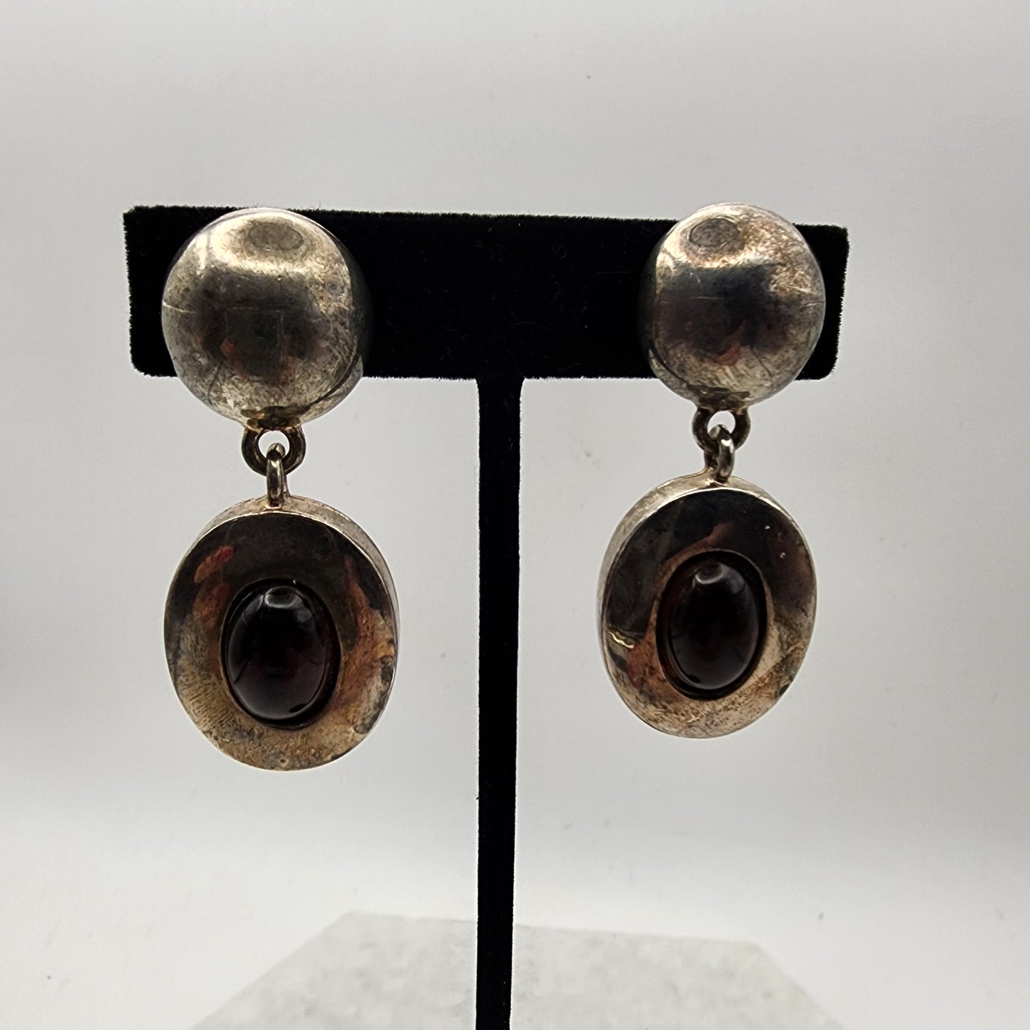 Silvertone Drop Amber Earrings Signed FLP