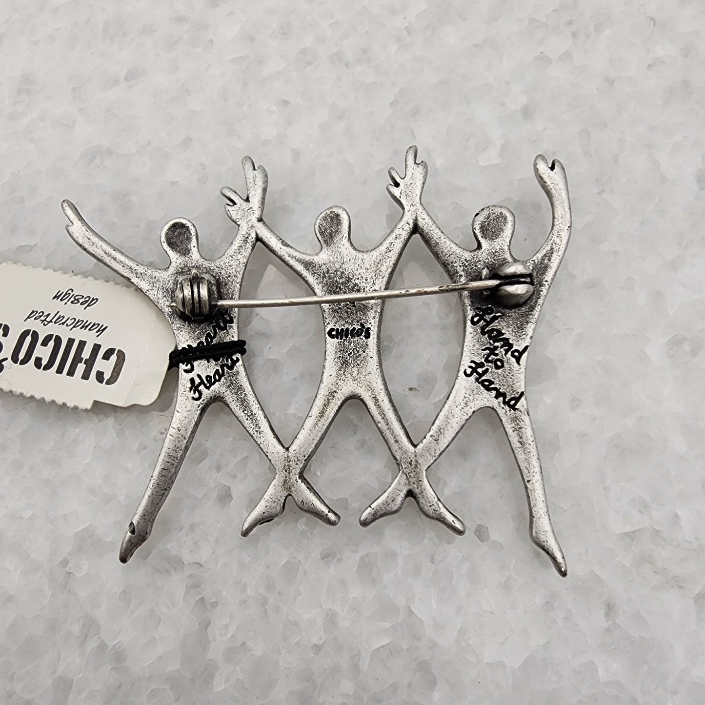 Chicos Pewter Hand to Heart Brooch Pin