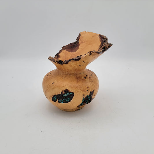 Raw Edge Burl Wood Vase Encrusted with Turquoise