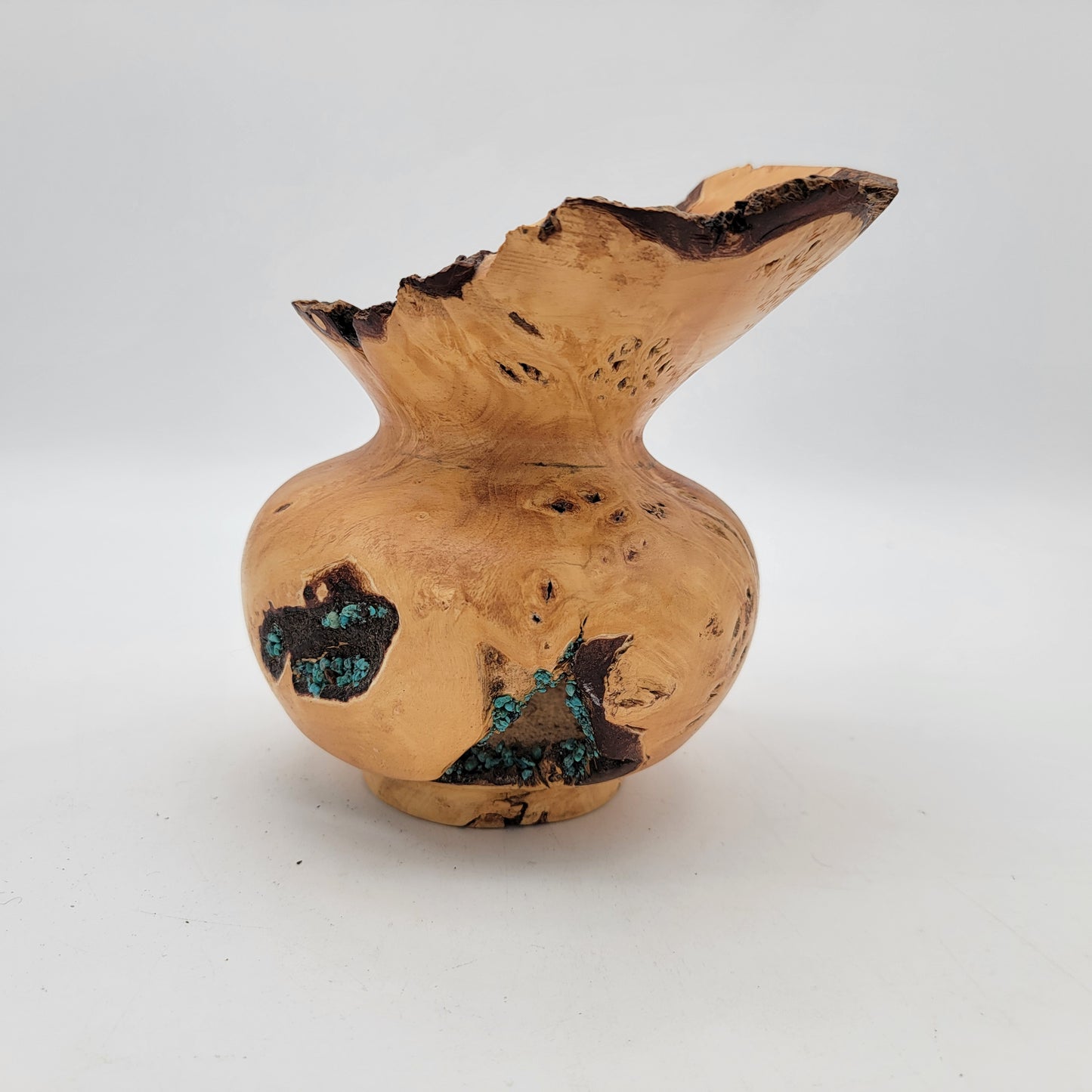 Raw Edge Burl Wood Vase Encrusted with Turquoise