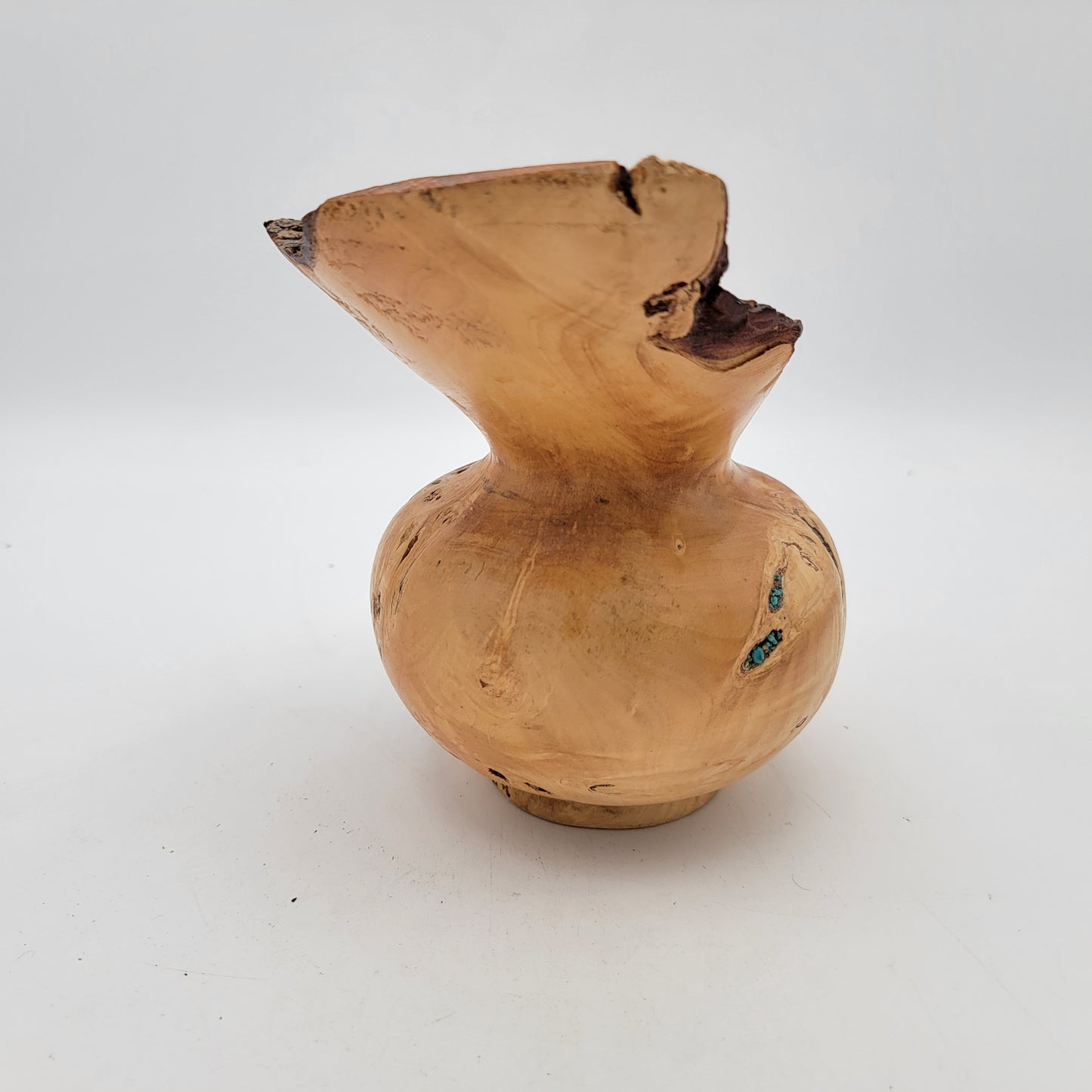 Raw Edge Burl Wood Vase Encrusted with Turquoise