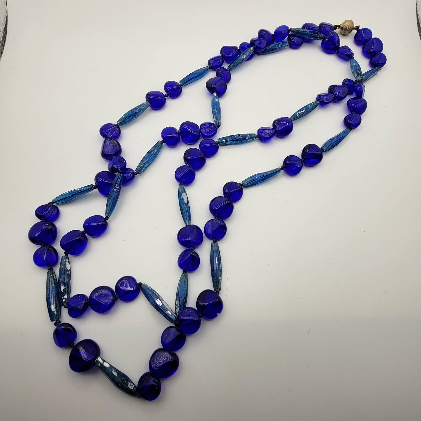 Very Long Cobalt Blue Glass Beaded Necklace