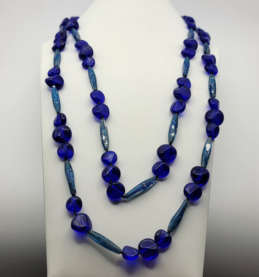 Very Long Cobalt Blue Glass Beaded Necklace