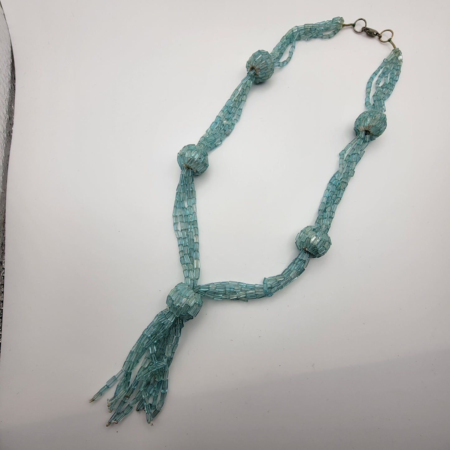 Tassel Drop Aqua Blue Glass Beaded Necklace