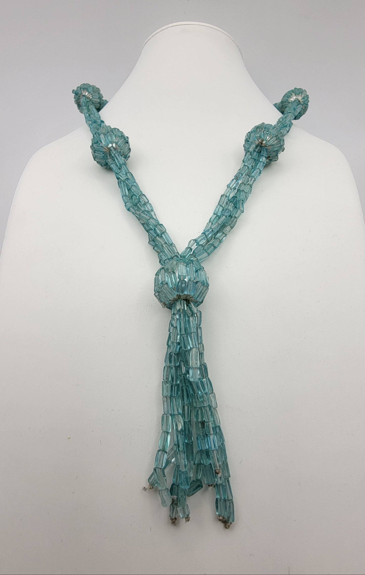 Tassel Drop Aqua Blue Glass Beaded Necklace