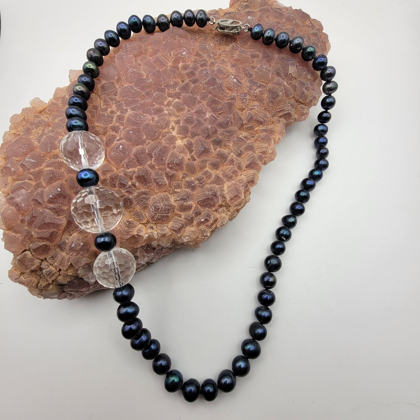 Peacock Pearl and Faceted Rock Crystal Necklace