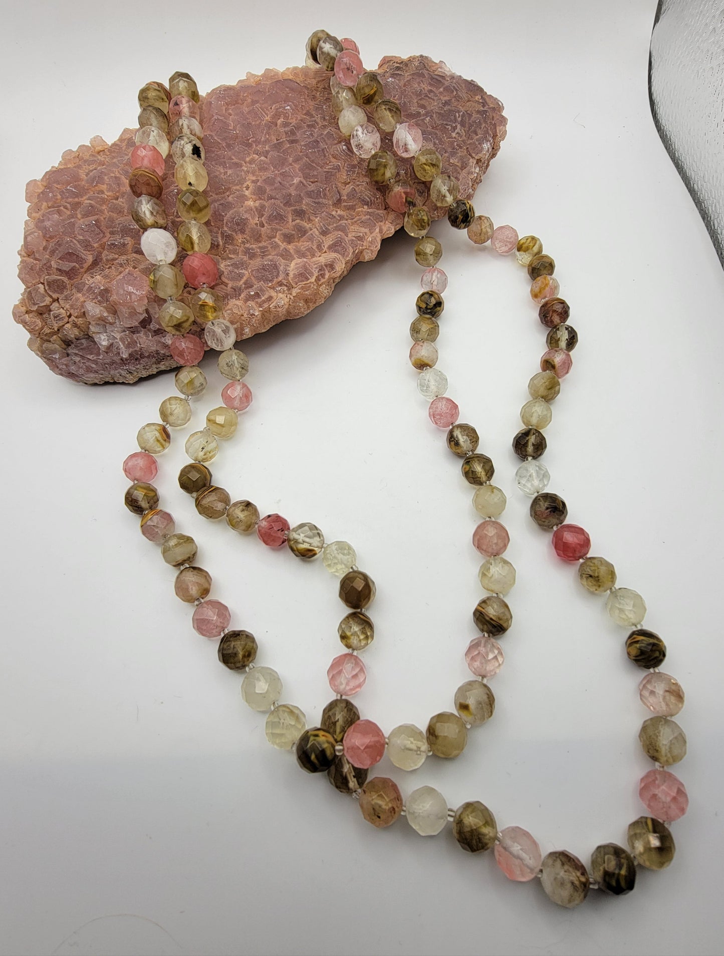 Very Long Faceted Beaded Faux Tourmaline Quartz Glass Beaded Necklace