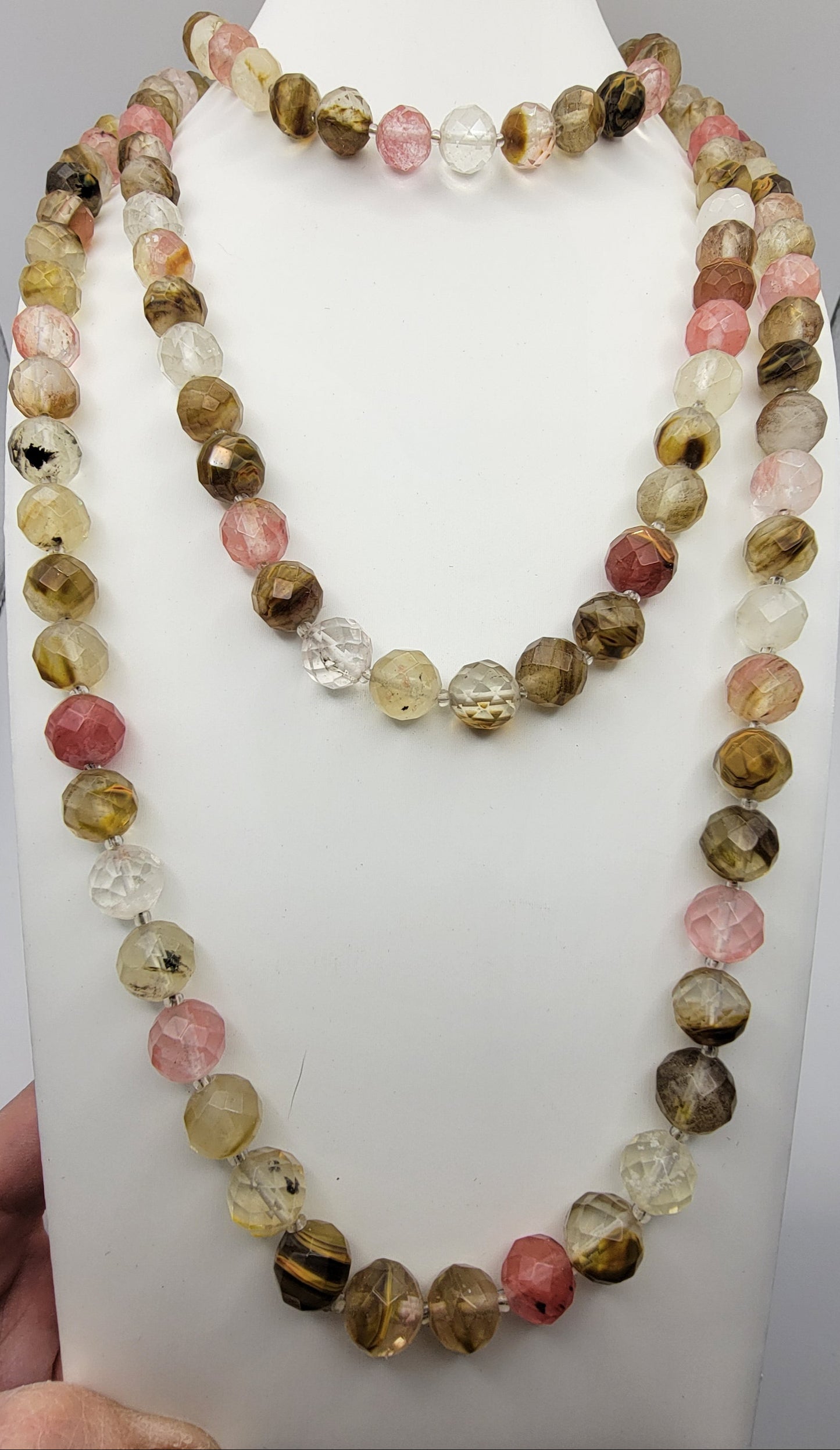 Very Long Faceted Beaded Faux Tourmaline Quartz Glass Beaded Necklace