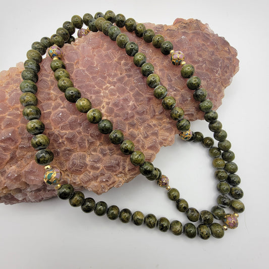 Green Stone and Cloisonne Beaded Necklace