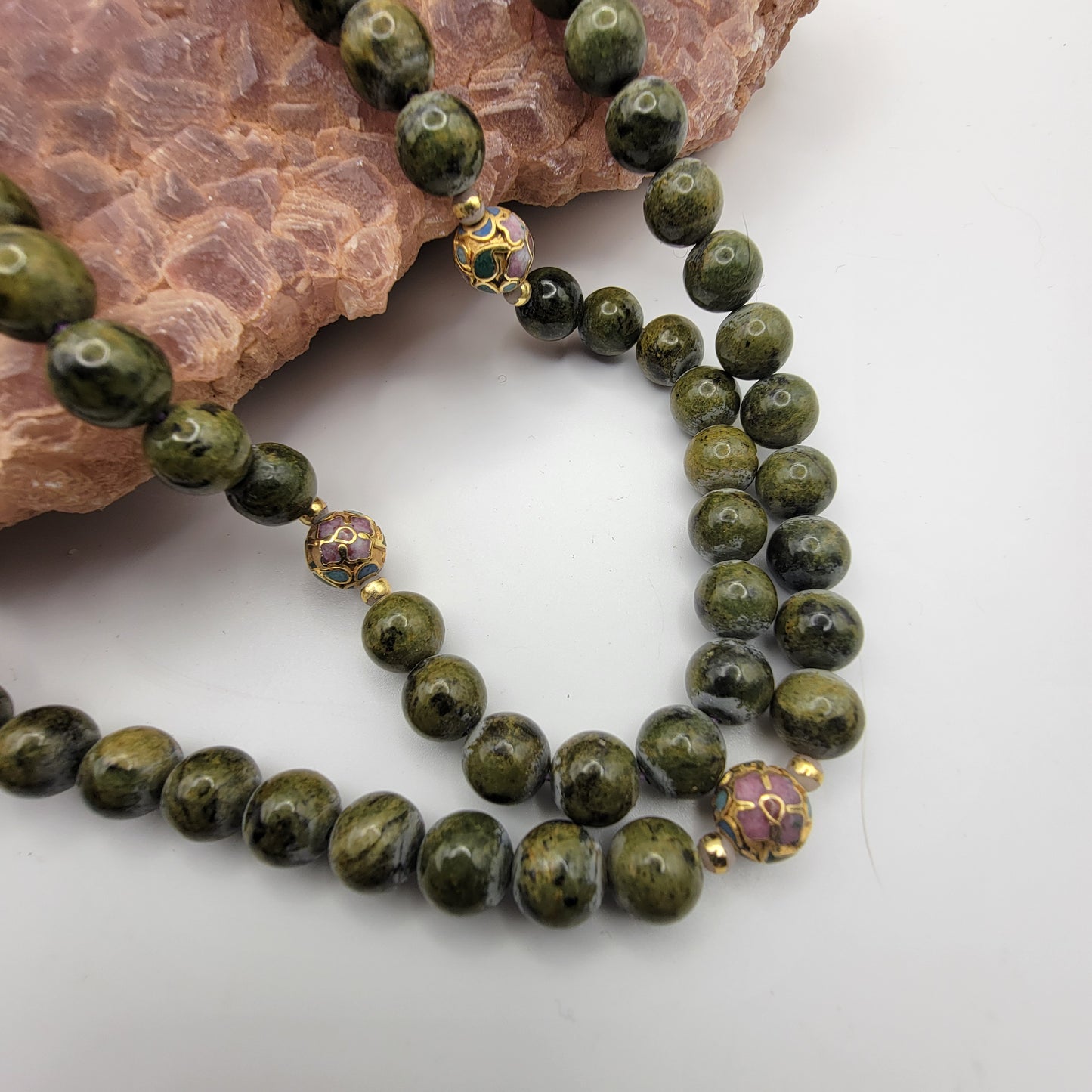 Green Stone and Cloisonne Beaded Necklace