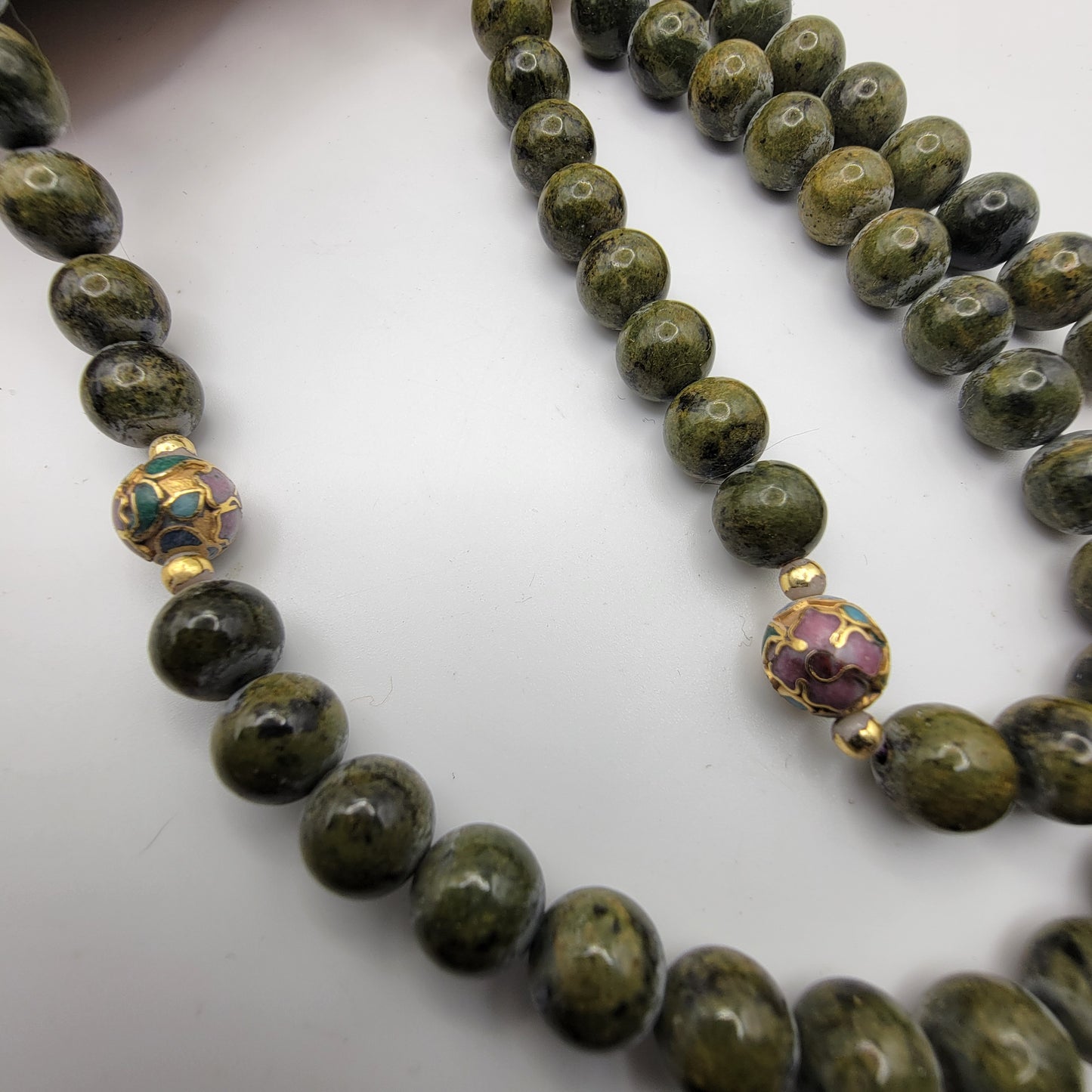 Green Stone and Cloisonne Beaded Necklace