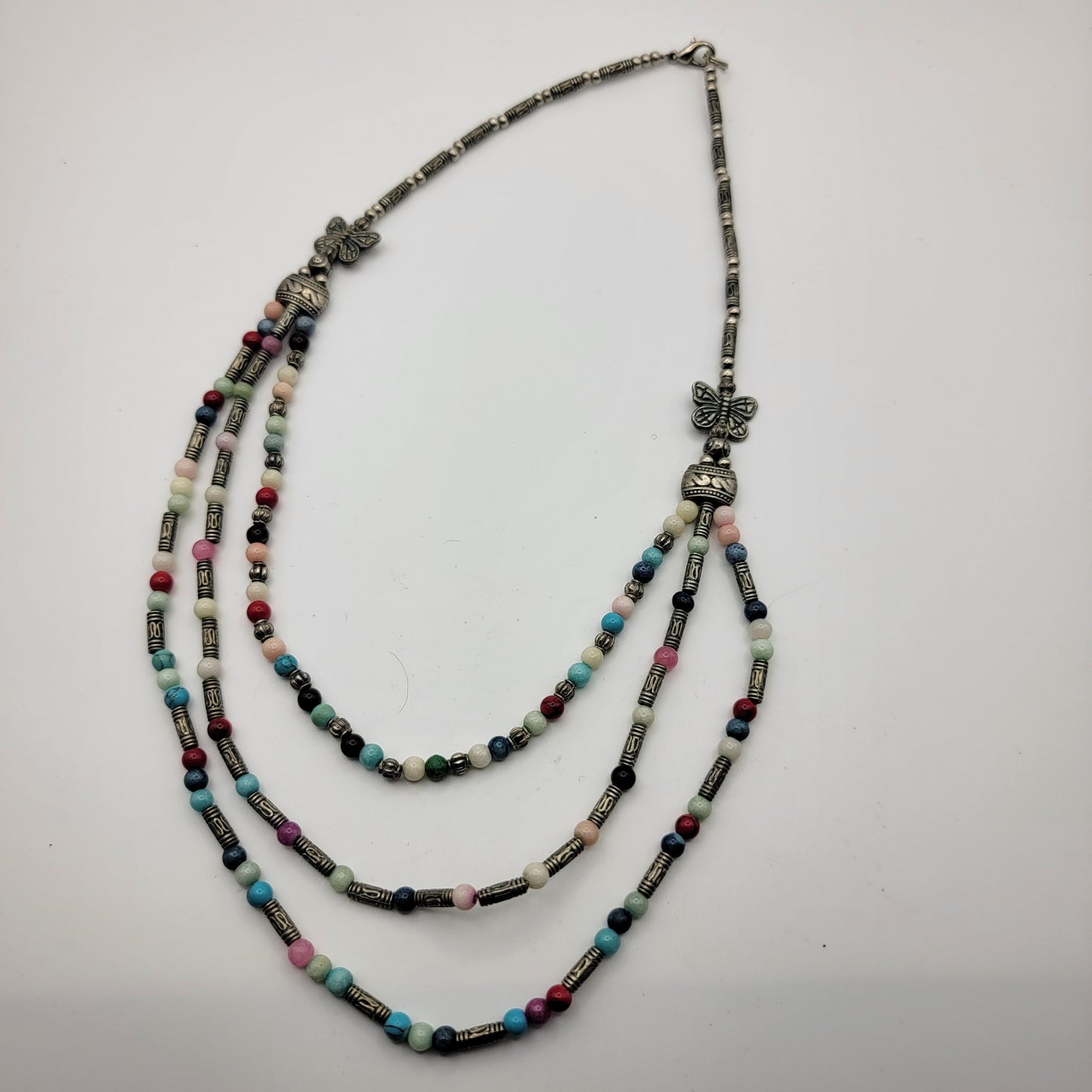 Artisan Beaded Gemstone Necklace with Butterflies