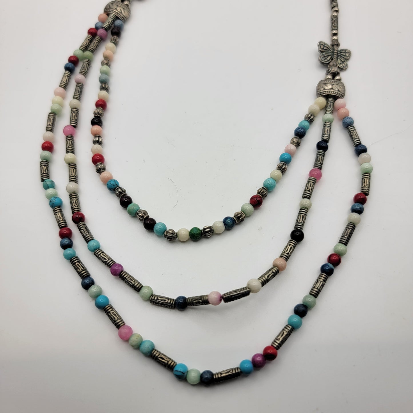 Artisan Beaded Gemstone Necklace with Butterflies