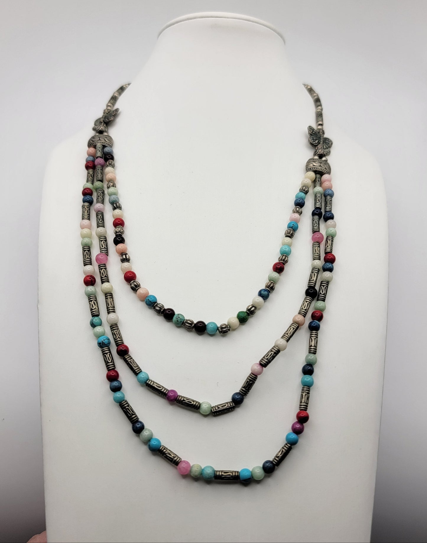 Artisan Beaded Gemstone Necklace with Butterflies