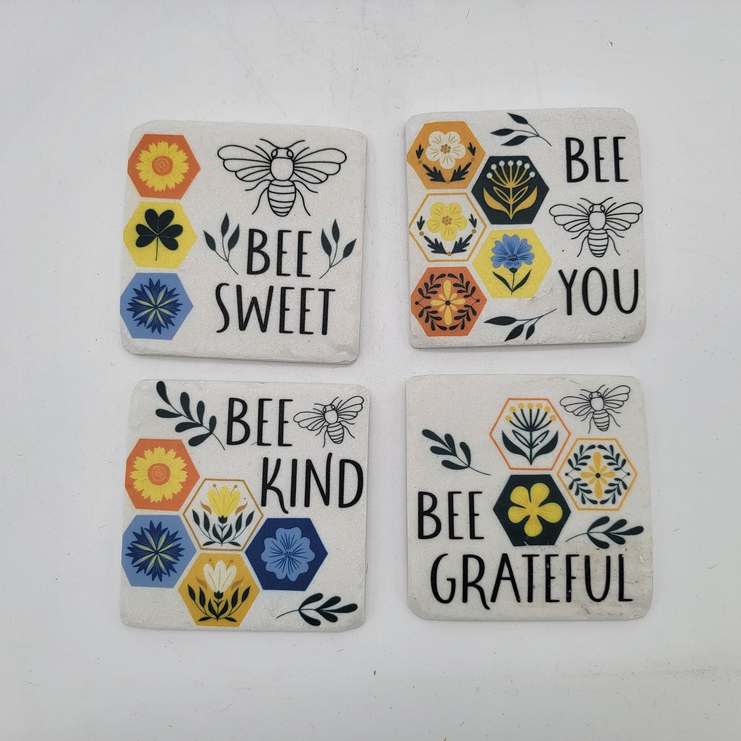 Set of 4 Bee Coasters Colorful Hexagons