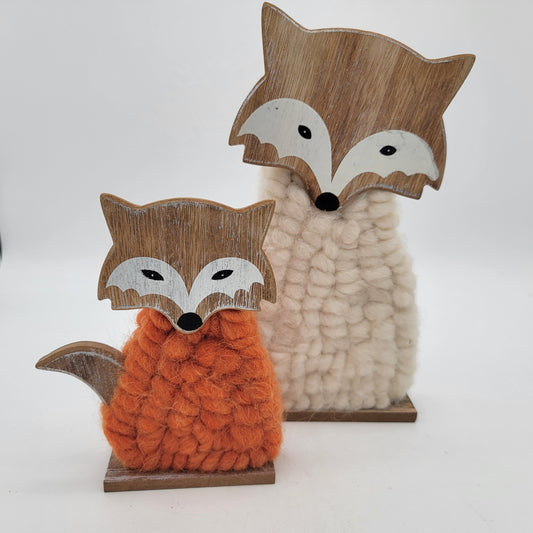 Pair of Wooden Fox with Wool Tabletop Decor