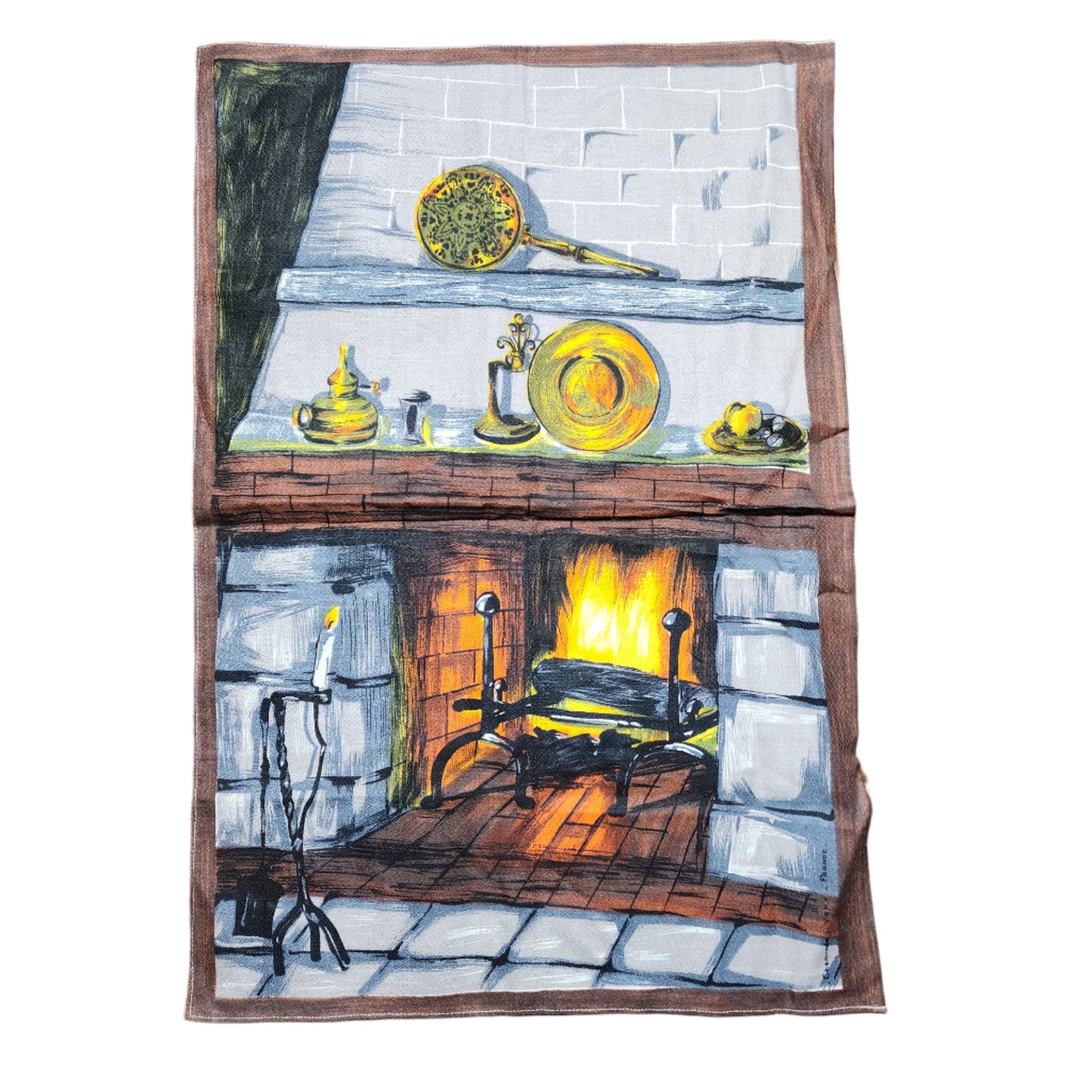 Vintage Fireplace Scene Tea Towel