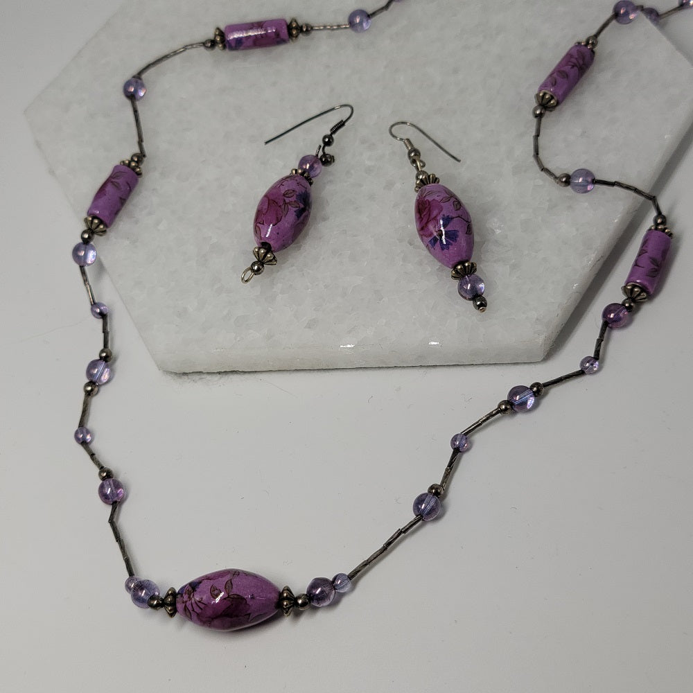 Purple Beaded Necklace Earrings