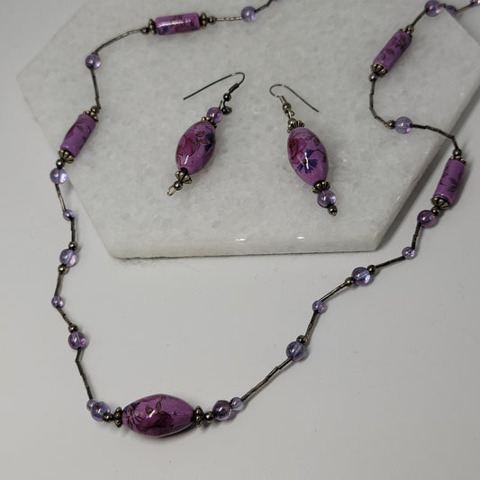 Purple Beaded Necklace Earrings