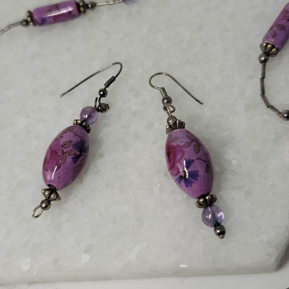 Purple Beaded Necklace Earrings