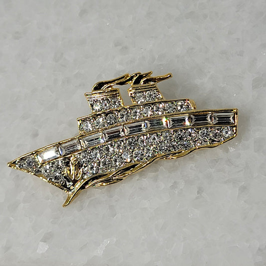 Rhinestone Ship Brooch