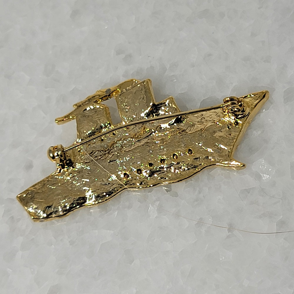 Rhinestone Ship Brooch