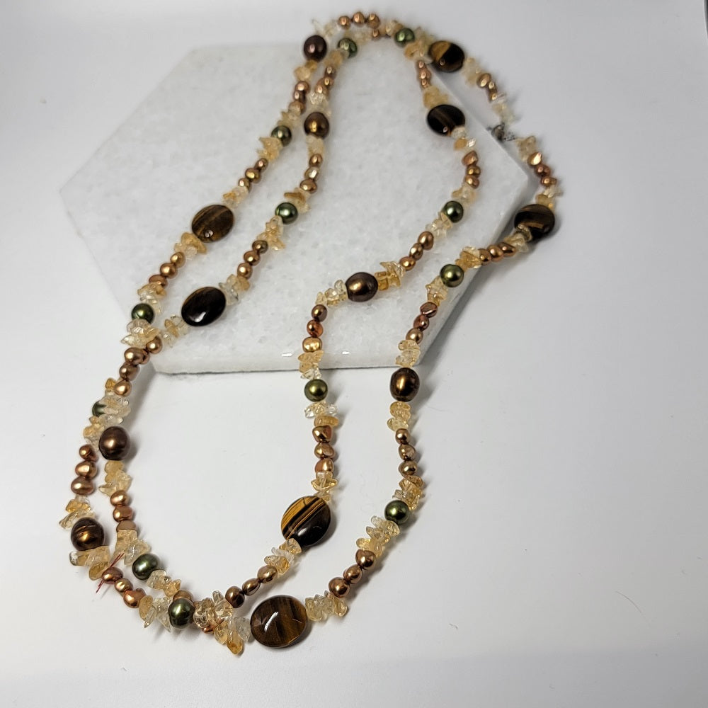 Tigers Eye Pearl and Citrine Necklace