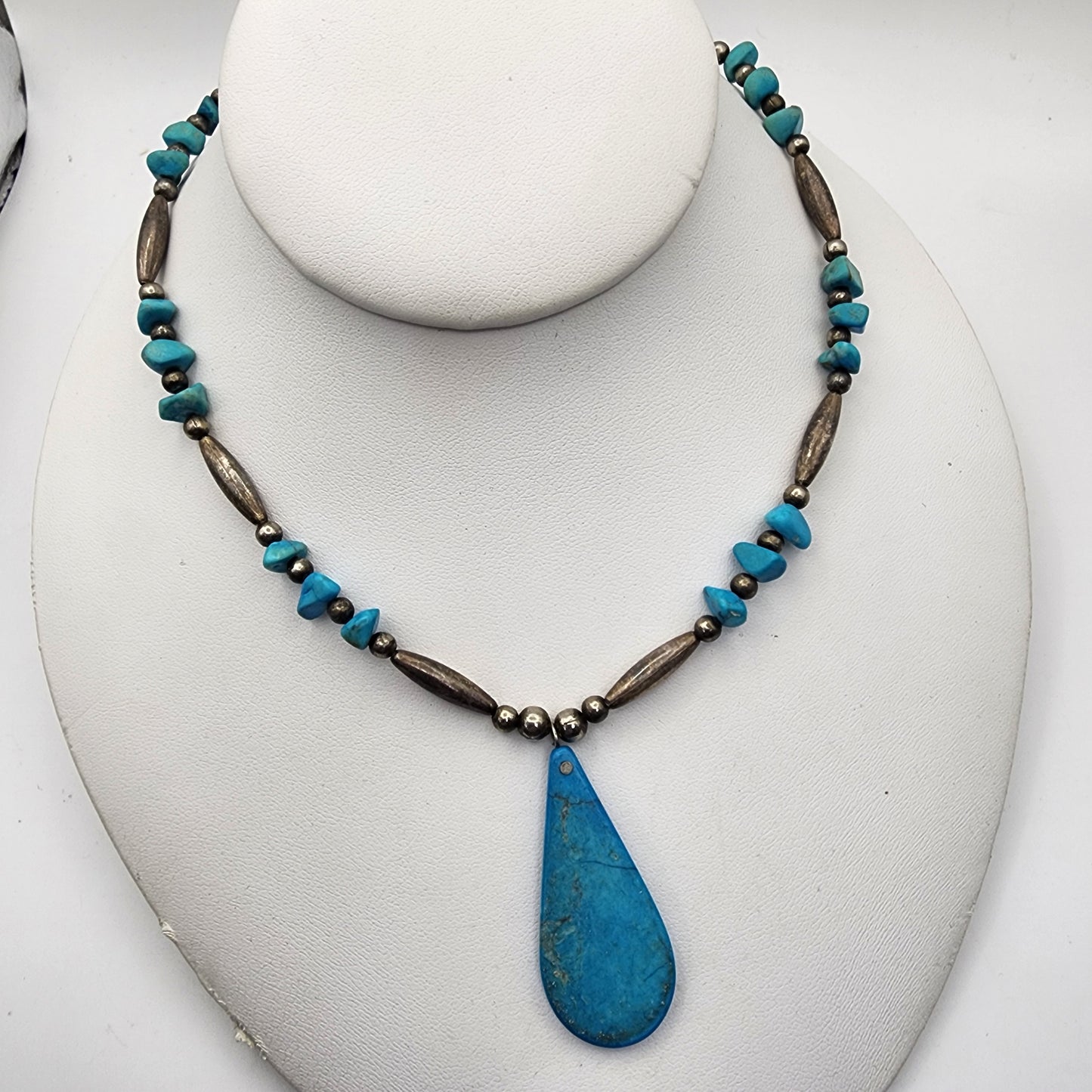 Turquoise Beaded Silver Necklace Teardrop Pendant