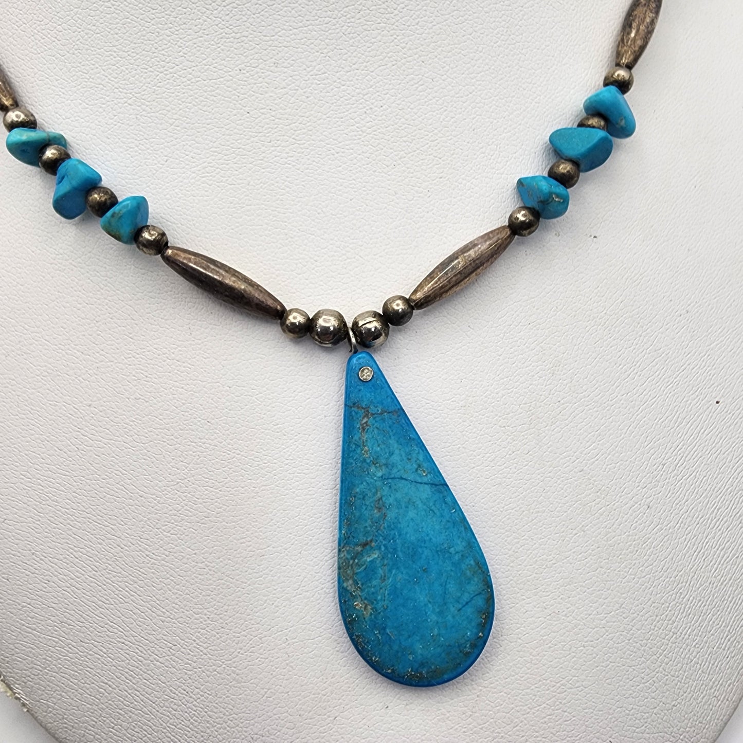 Turquoise Beaded Silver Necklace Teardrop Pendant