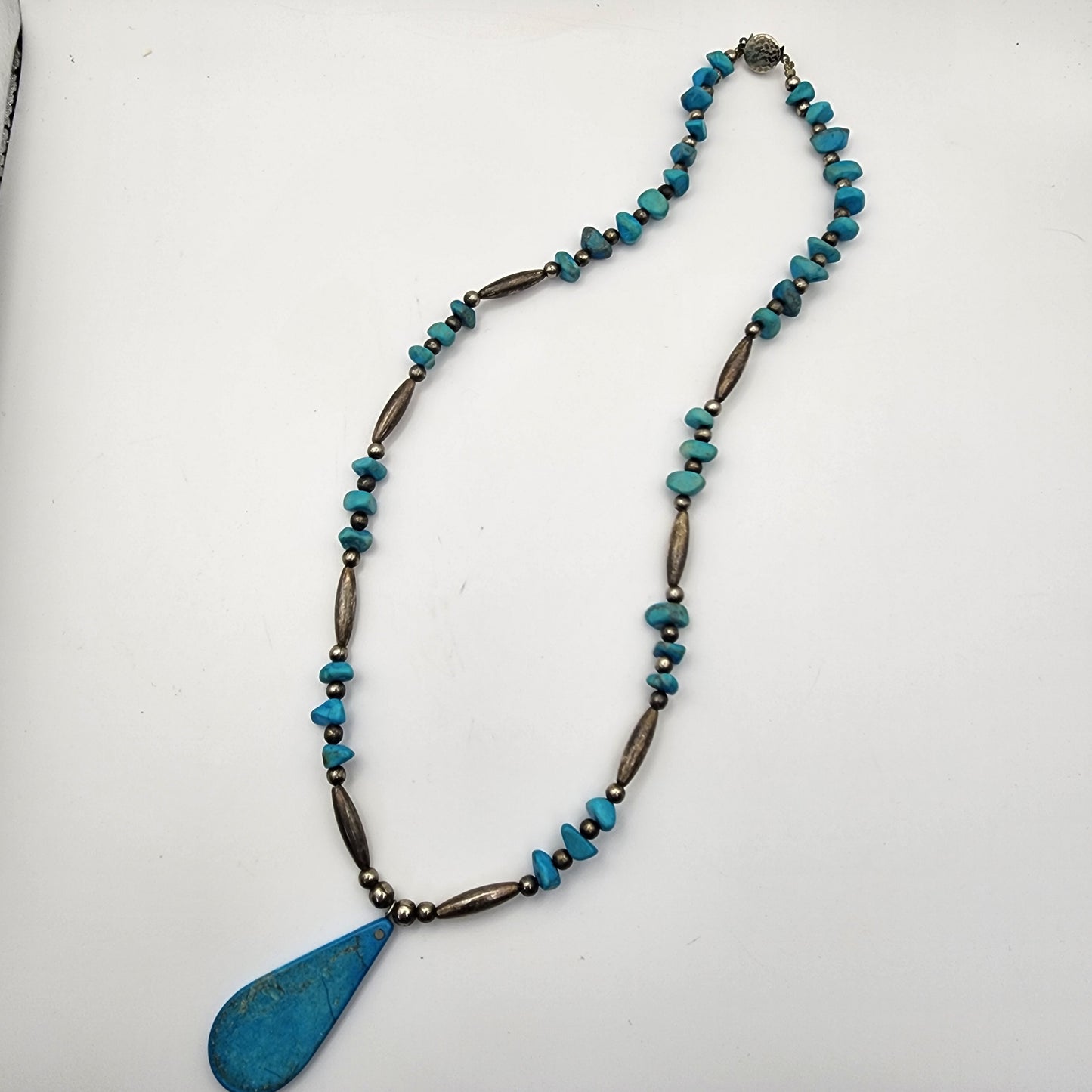 Turquoise Beaded Silver Necklace Teardrop Pendant