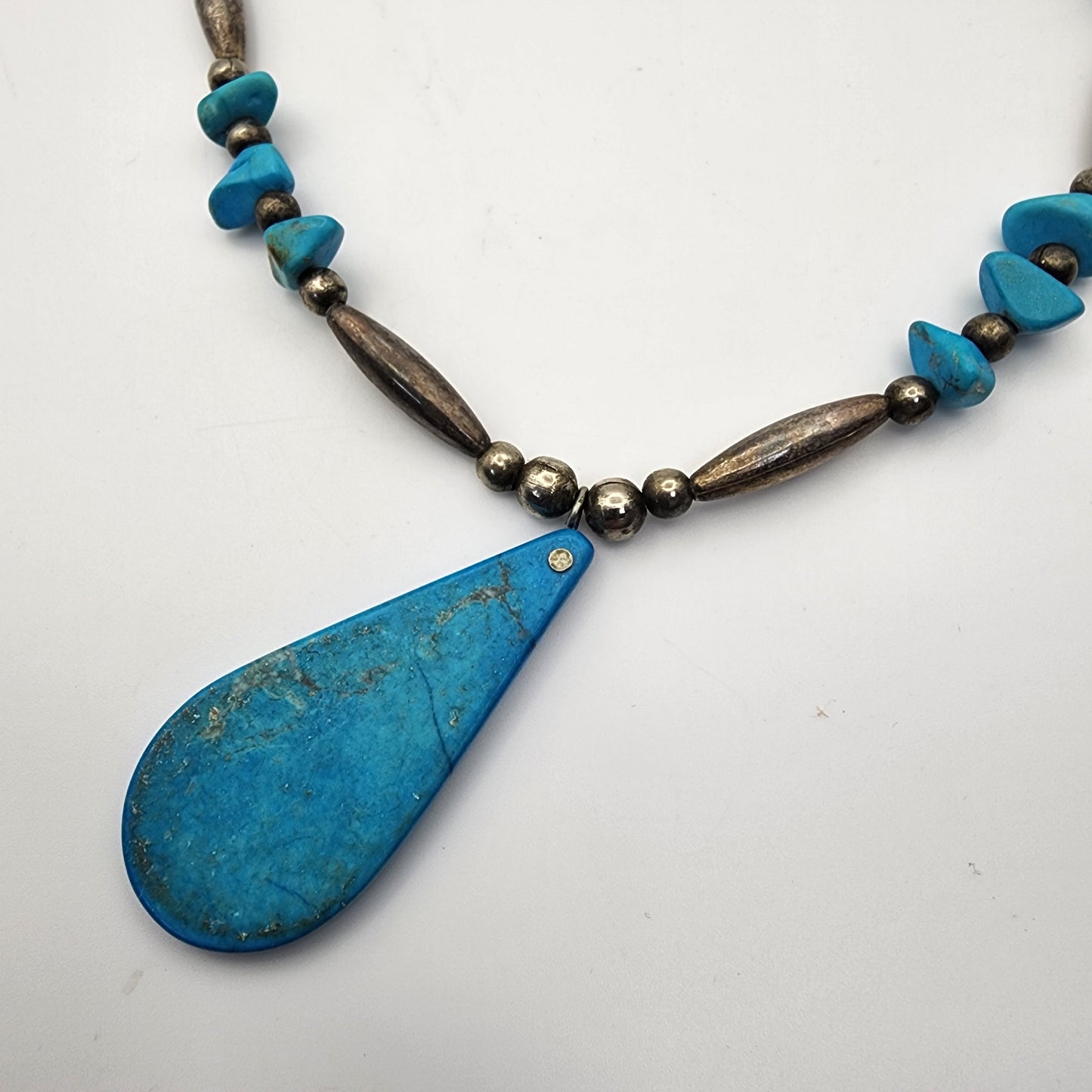 Turquoise Beaded Silver Necklace Teardrop Pendant