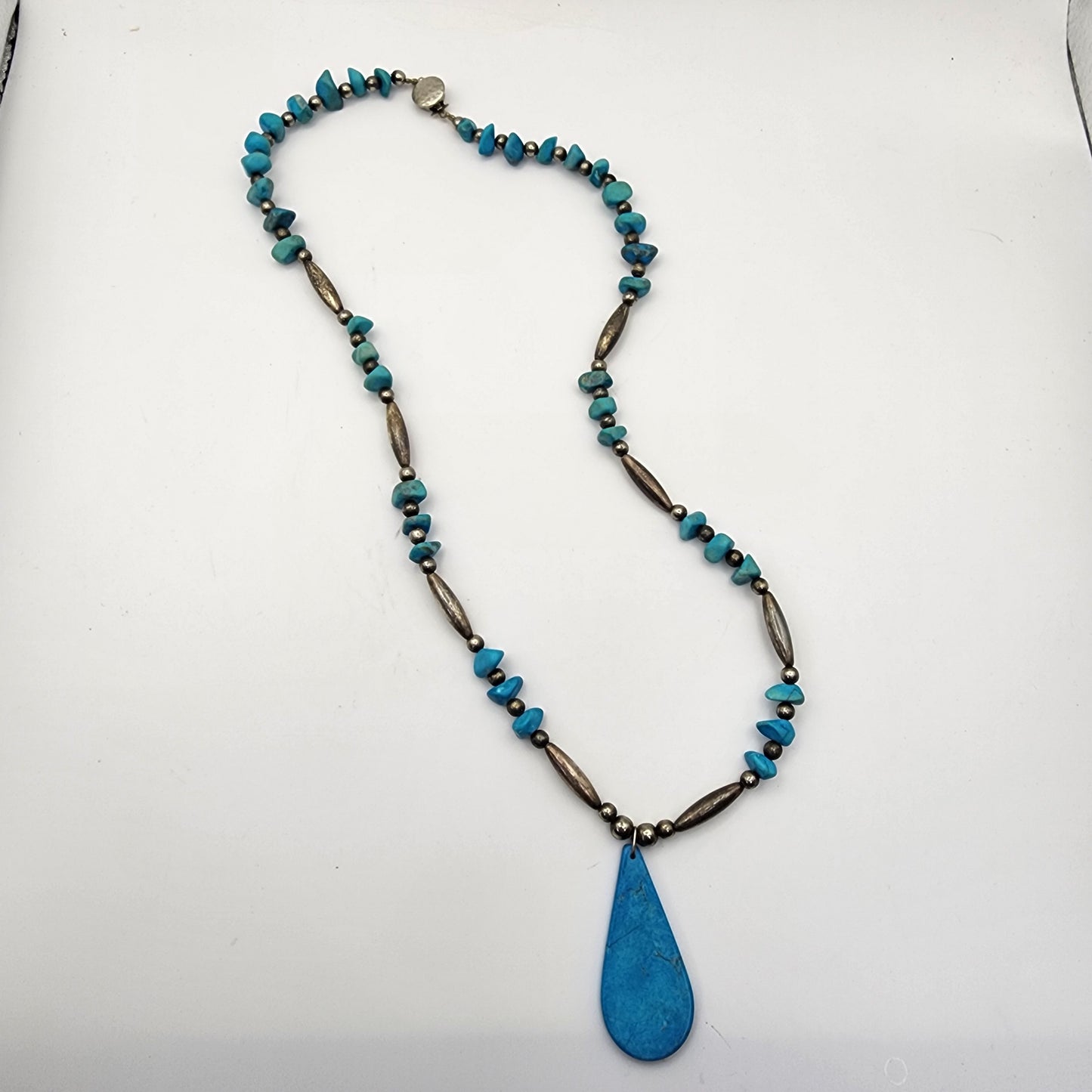 Turquoise Beaded Silver Necklace Teardrop Pendant