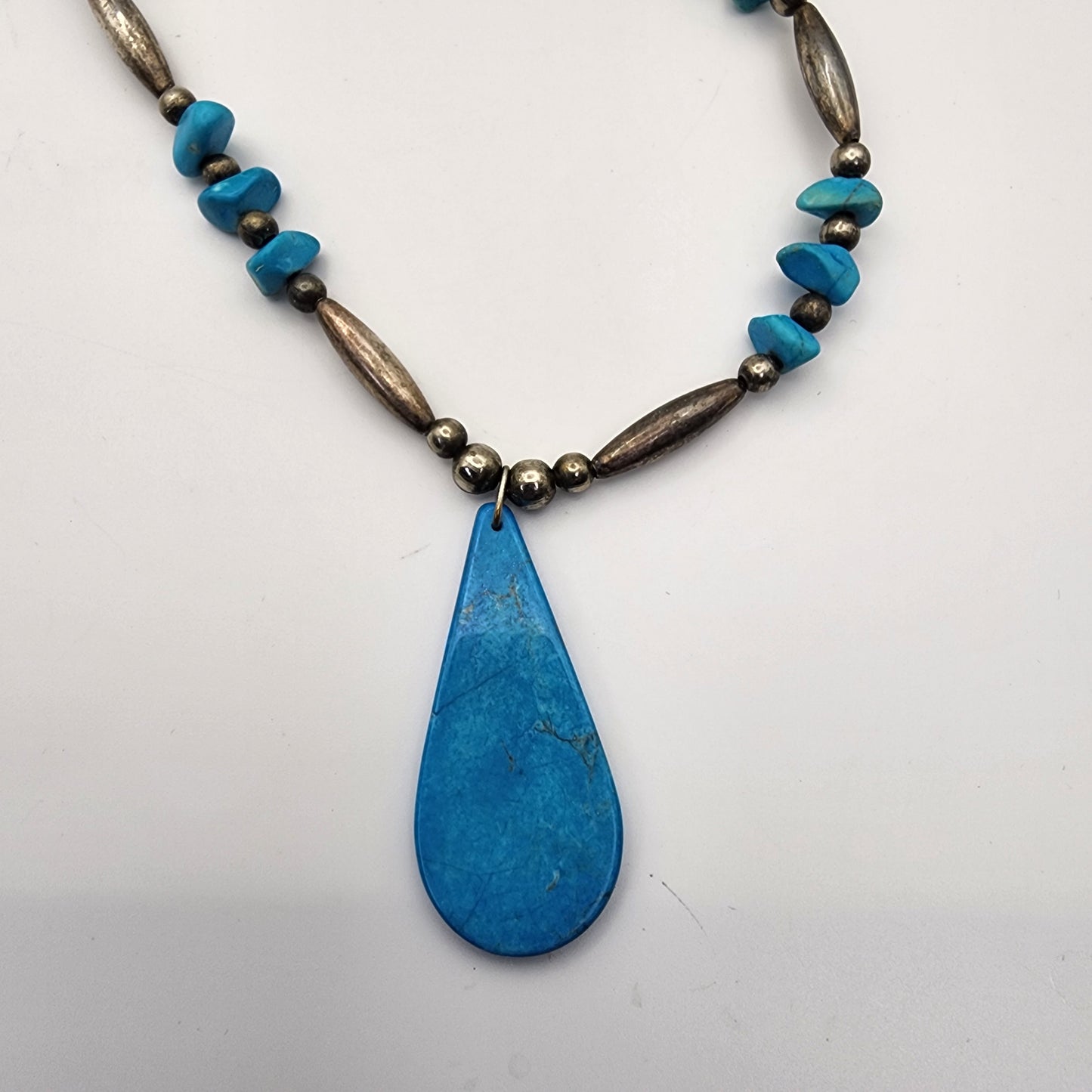 Turquoise Beaded Silver Necklace Teardrop Pendant