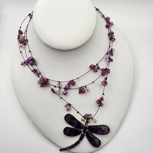 Purple Beaded Dragonfly Necklace