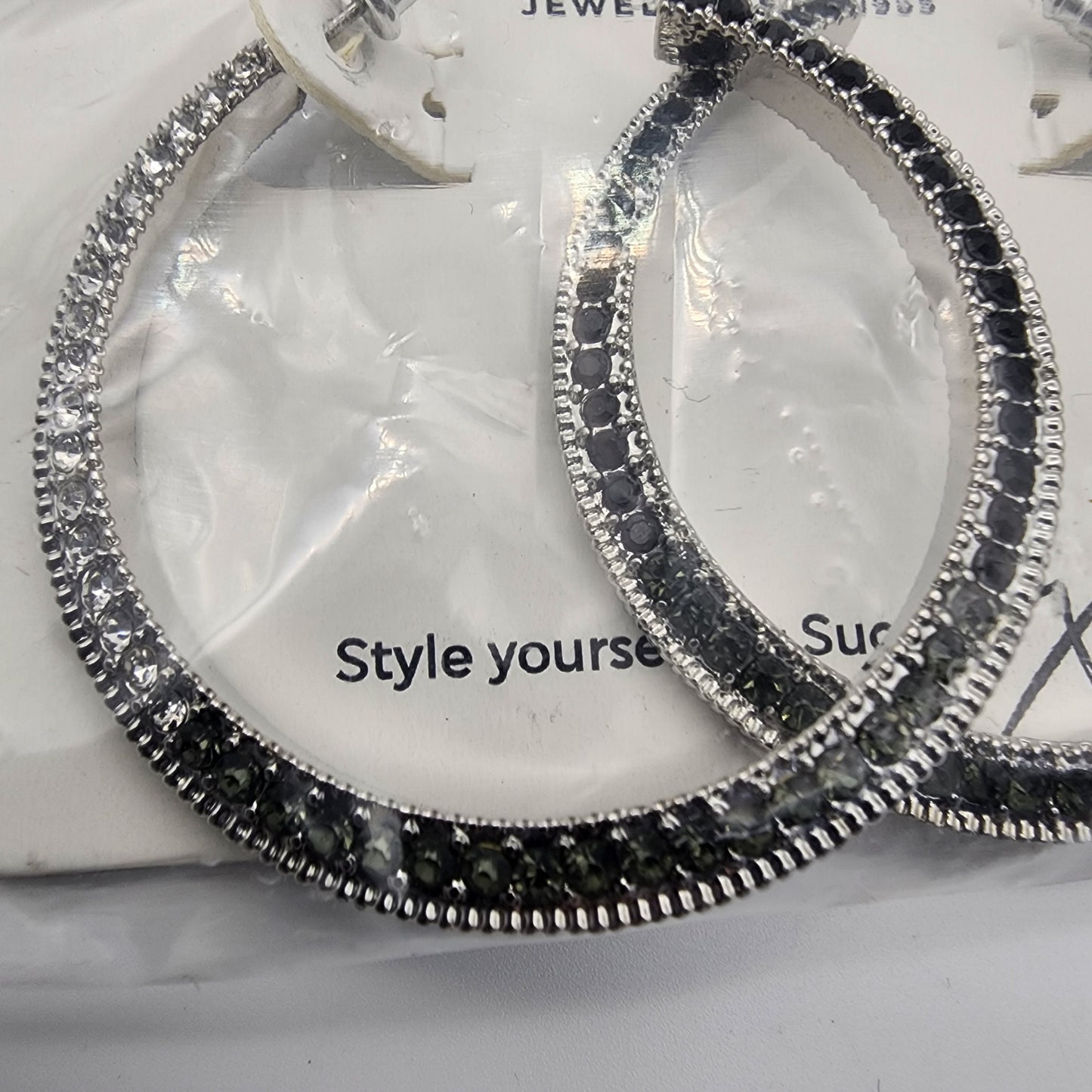 Park Lane Black and White Rhinestone Hoop Earrings NEW