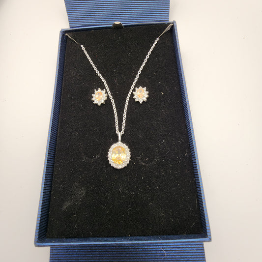 Sterling Silver 925 Yellow CZ Necklace & Stud Earring Set