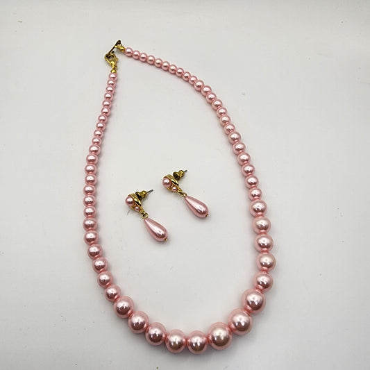 Vintage Pink Faux Pearl Necklace and Earrings