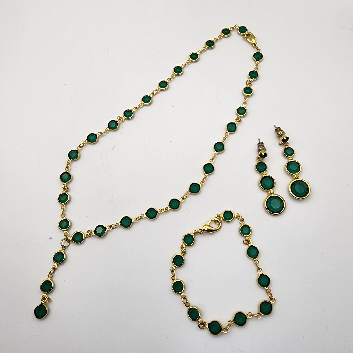 Vintage Green Austrian Crystal USA Bezel Set Necklace Bracelet Earrings