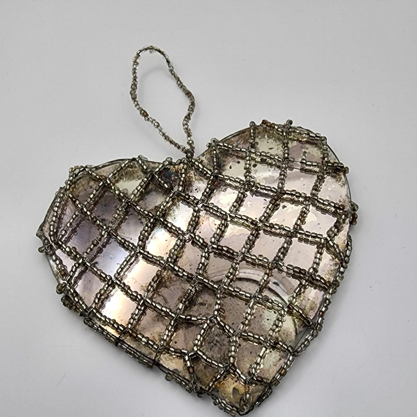 Mercury Glass Beaded Heart Ornament