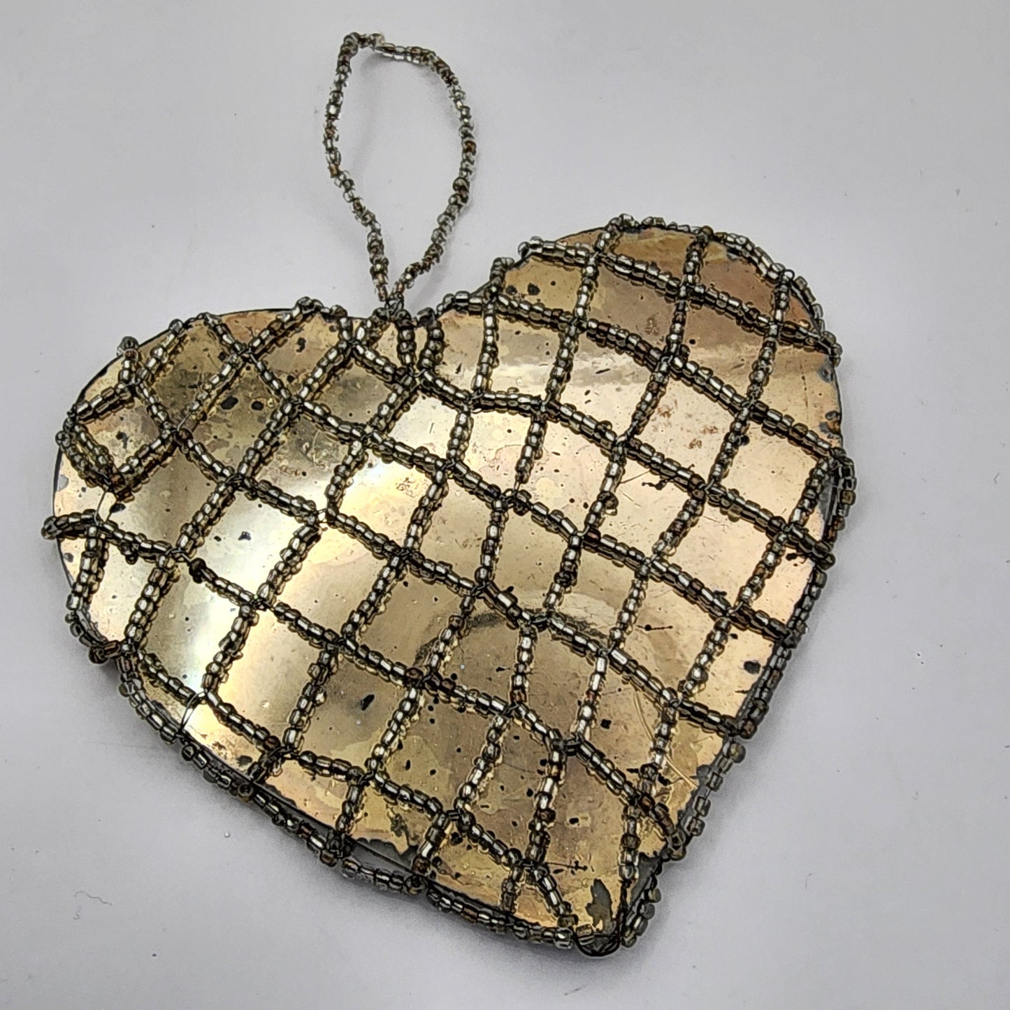 Mercury Glass Beaded Heart Ornament