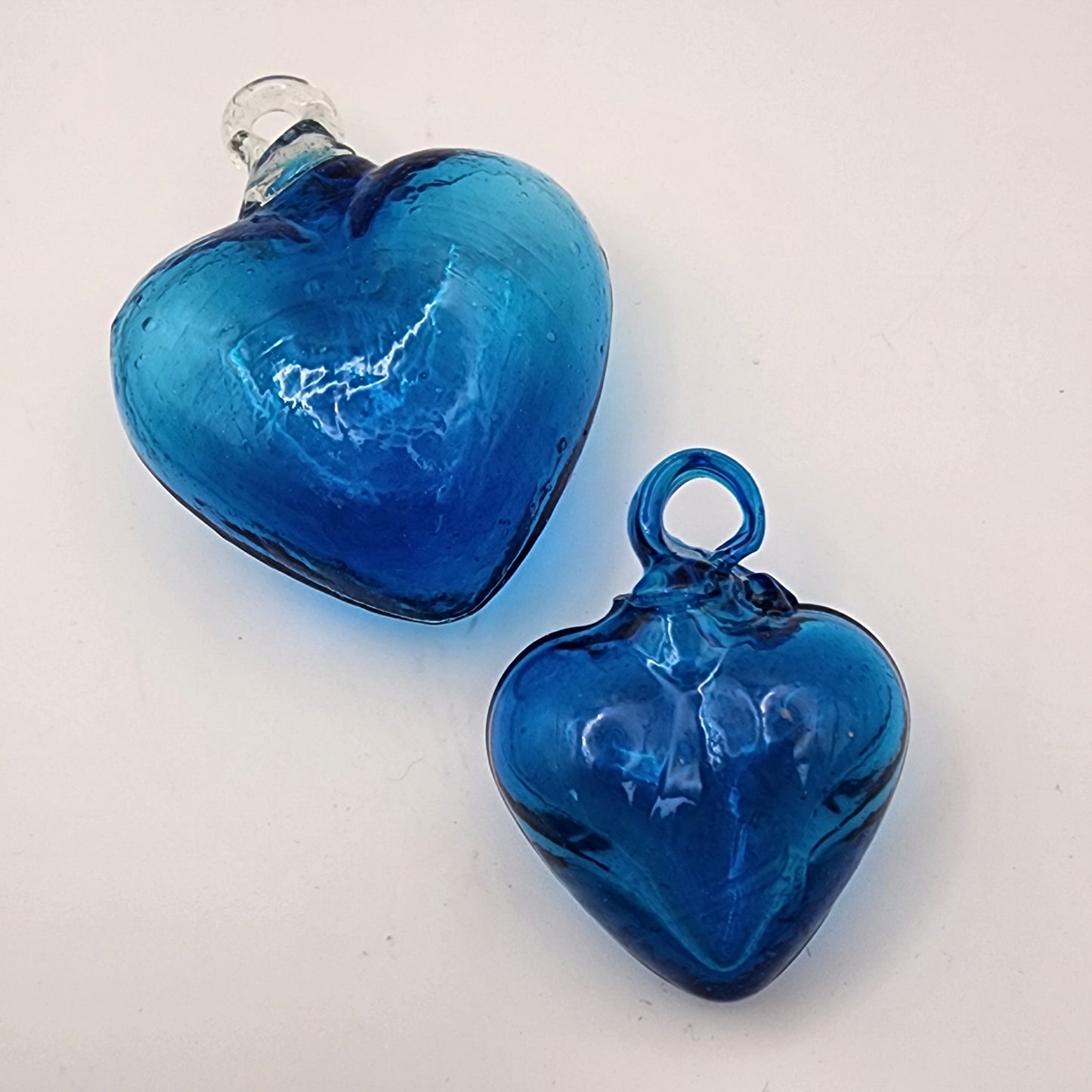 Pair of Blue Glass Puffy Heart Ornaments