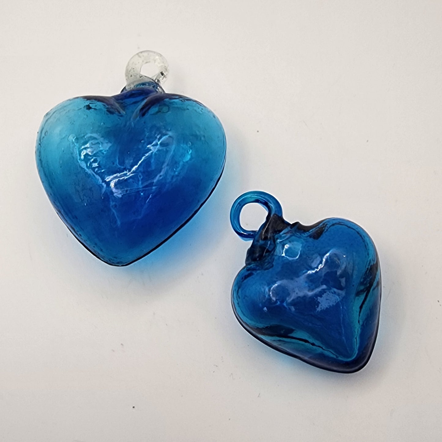 Pair of Blue Glass Puffy Heart Ornaments