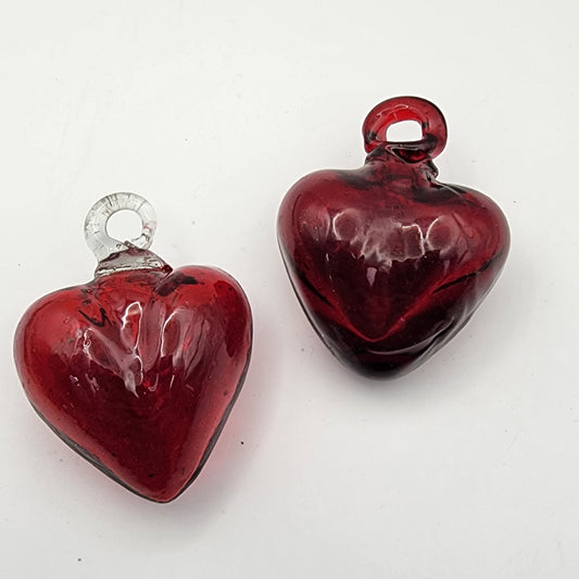 Pair of Red Glass Puffy Heart Ornaments