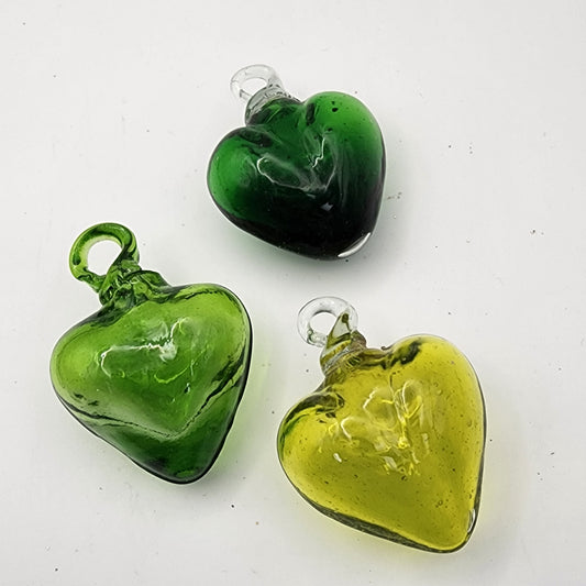 3 Green Glass Heart Ornaments