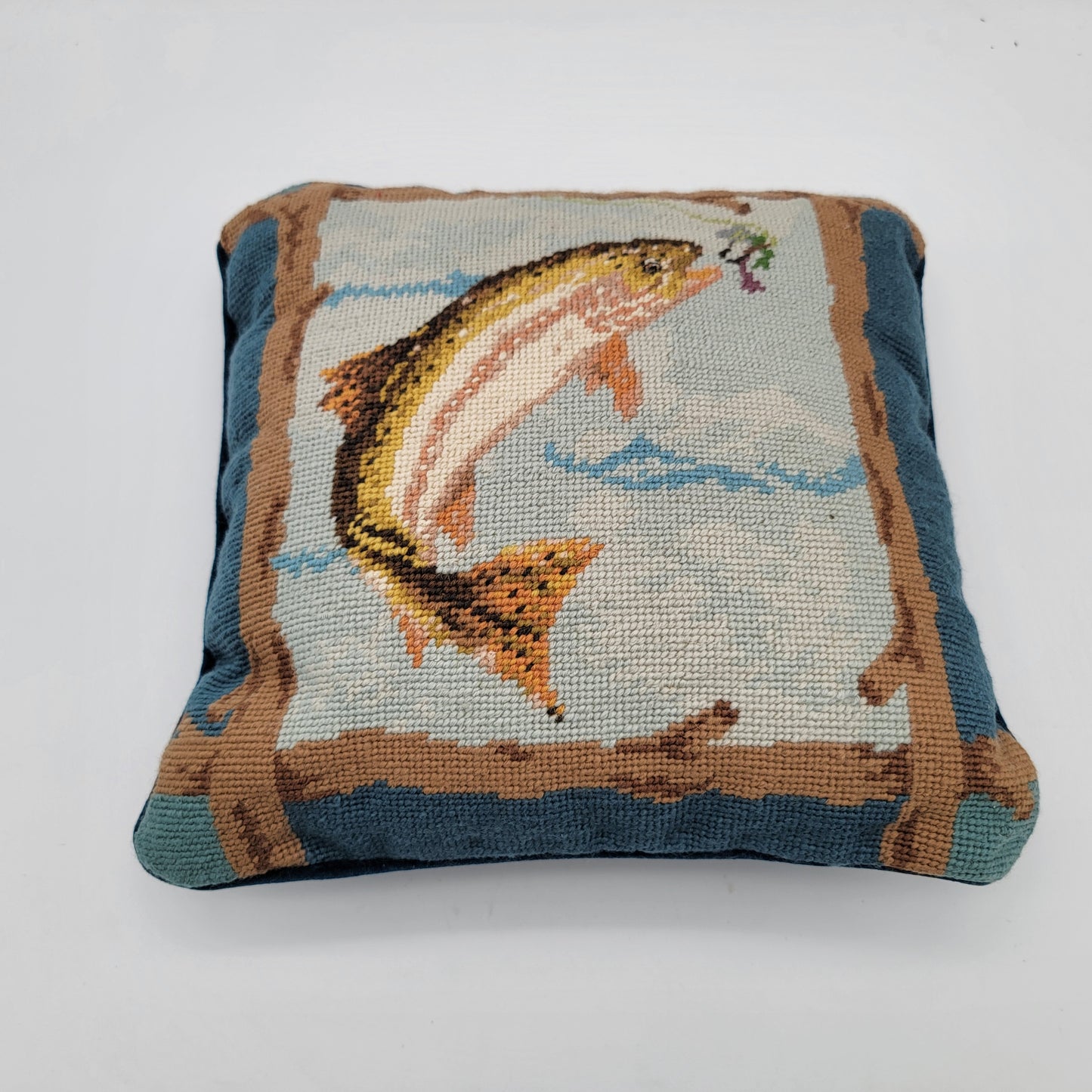 Pair of Vintage BM Jabara Needlepoint Fishing Themed Pillows