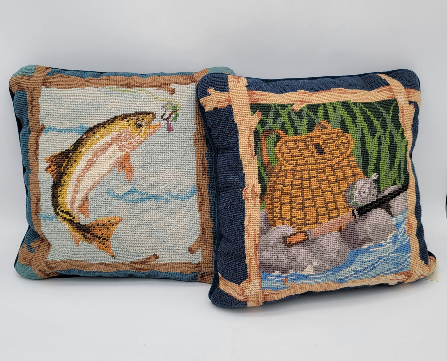 Pair of Vintage BM Jabara Needlepoint Fishing Themed Pillows