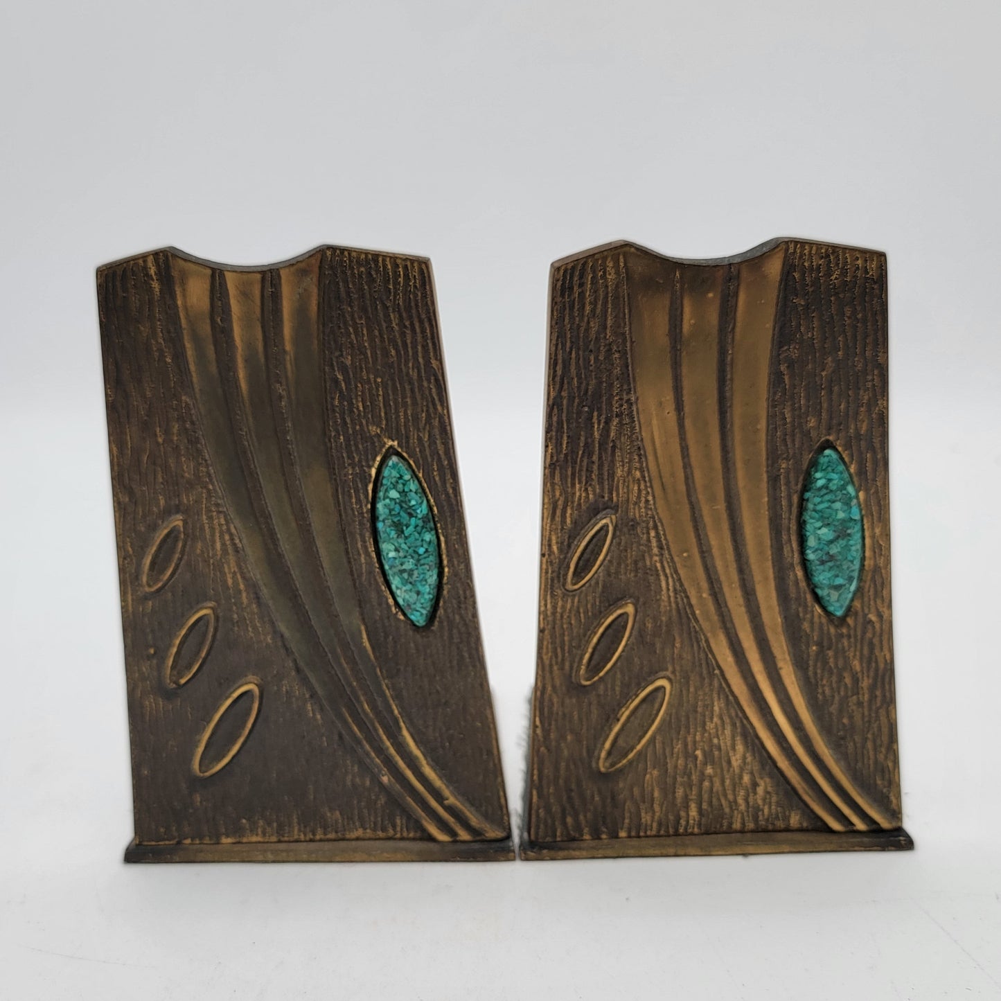 Art Nouveau Deco Bronze Bookends with Turquoise Inlay