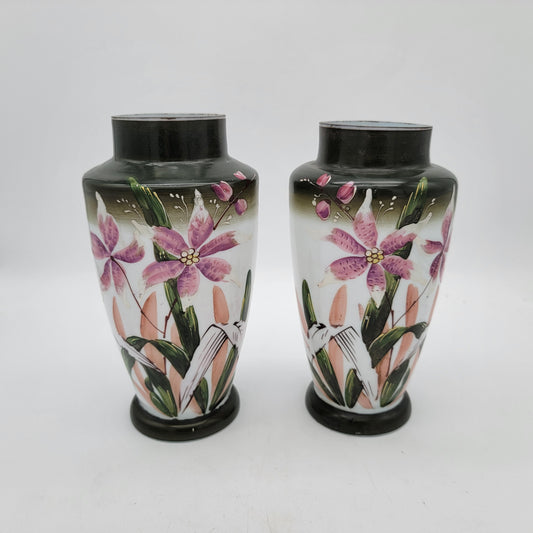 Pair of Large Hand Painted Bristol Glass Vases